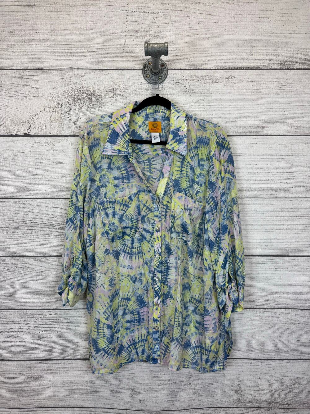 Ruby Rd. Plus Size Green Blue Tie Dye Print Button Up Top Size 2X